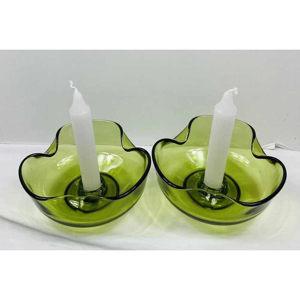2 Vintage MCM Viking Glass Folded Candlestick Holders Green